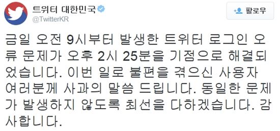 트위터 "로그인 오류 문제 모두 해결…불편 사과"