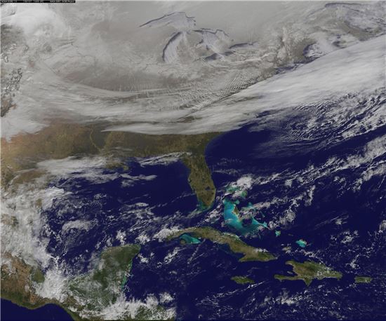 ▲미국의 3분의2가 북극의 한파 영향으로 꽁꽁 얼어붙었다.[사진제공=NASA/NOAA]