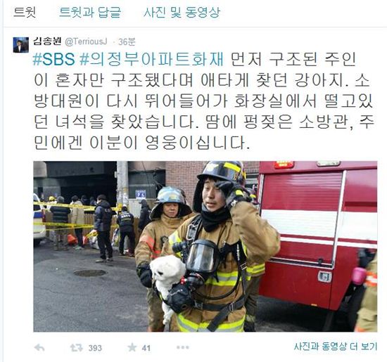 의정부 화재 강아지/ 사진= SBS 김종원 기자 트위터