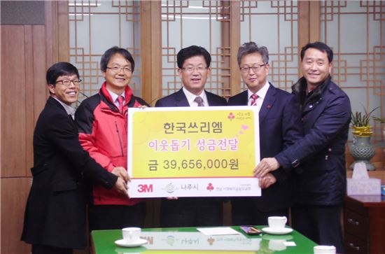 한국쓰리엠 나주공장(공장장 김종구)이  지역사회복지시설에 써달라며 3965만원의 성금을 전남사회복지공동모금회(회장 허정)에 전달했다.