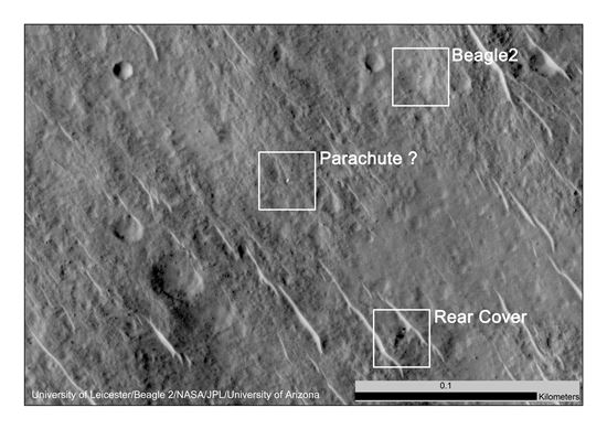 ▲실종됐던 영국 화성탐사선 비글2가 화성표면에서 발견됐다.[사진제공=NASA]