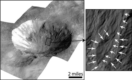 ▲돈 탐사선이 찍은 베스타 원시행성. 휘어진 도랑과 부채꼴 모양의 침전물이 발견됐다.[사진제공=NASA]