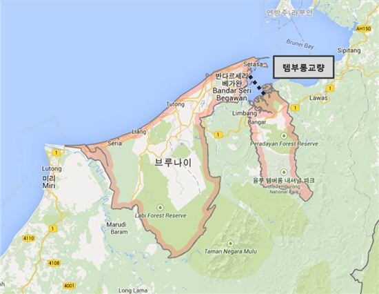 대림산업이 수주한 브루나이 템부롱(Temburong) 교량 2구간 공사 위치도.(제공: 대림산업)
