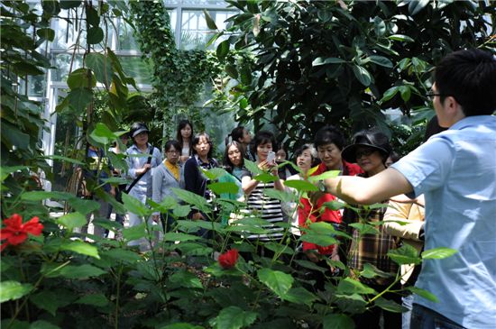국립수목원을 찾은 관람객들이 열대식물자원연구센터 전시온실에서 해설을 듣고 있다. 