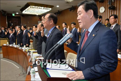 [포토]증인선서하는 최경환 부총리