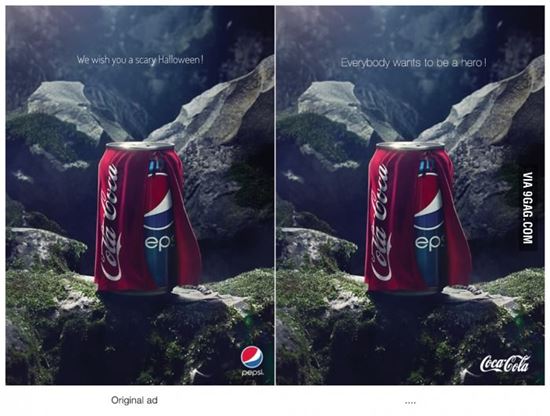 펩시가 2013년 선보인 광고(왼쪽)와 이를 패러디한 코카콜라 광고. 사진 출처 = 9gag.com
