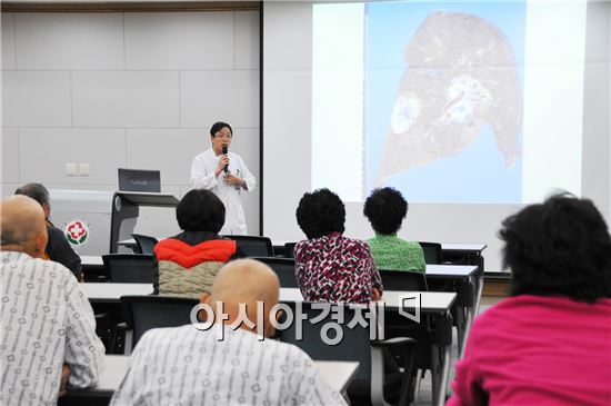 화순전남대병원의 `폐암 대민강좌‘에서 송상윤 흉부외과장이 폐암 치료법에 대해 설명하고 있다.