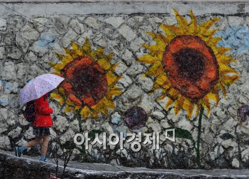 [포토]해바리가 벽화 속 진눈깨비 내리며