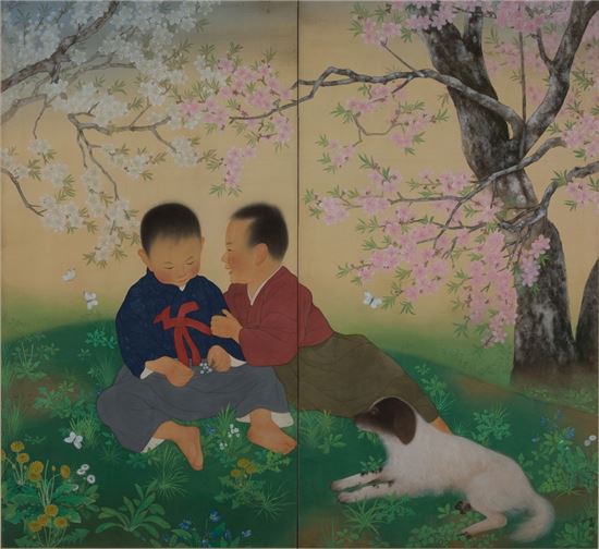 김기창, '동자', 견에 채색, 162*178cm, 2폭, 1930년대.