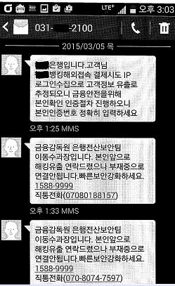 사기메시지 실제 사례(출처 : 금융감독원)