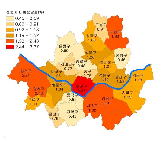 '14 4분기 기준 서울 각 구별 아파트실거래가격지수 증가율 현황