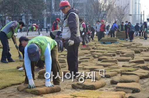 [포토]새단장 준비 한창인 서울광장, '잔디 식재'