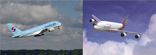 대한항공과 아시아나항공의 A380.