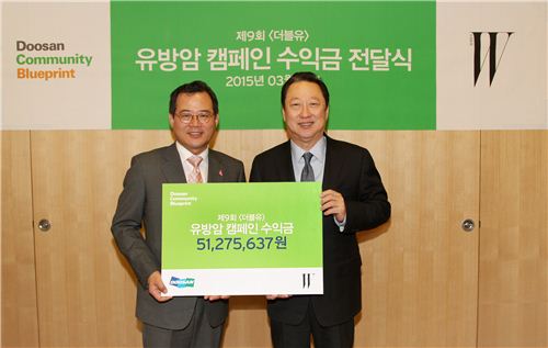 박용만 두산 회장, 유방건강재단에 캠페인 수익금 전달