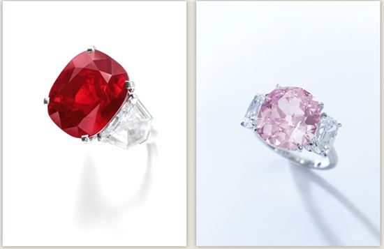 다음달 12일(현지시간) 제네바 소더비 경매에 오르는 루비(왼쪽)와 핑크다이아몬드(오른쪽). 
** 출처 : 소더비(Sotheby's)