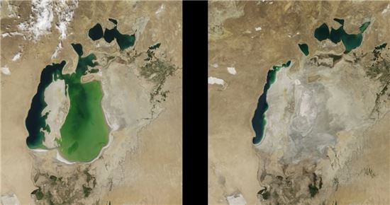 ▲2000년(왼쪽)과 2014년 아랄해의 변화된 모습.[사진제공=NASA]