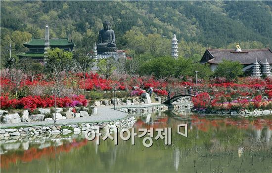 완연한 봄 날씨를 보인  22일 전남 강진군 군동면 풍동마을 남미륵사 경내 1000만 그루 철쭉이 형형색색의 꽃으로 단장해 탐방객들을 유혹하고 있다. 사진제공=강진군