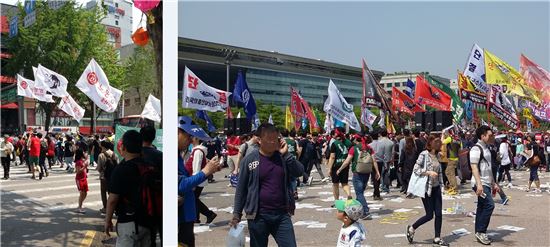 ▲한국노총과 민주노총이 1일 노동절을 맞아 여의도와 종로 일대에서 대규모 집회를 열었다. 