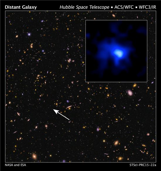 ▲이번 발견은 허블, 스피처, 켁 망원경의 합동작전으로 이뤄낸 성과이다.[사진제공=NASA, ESA, P. Oesch (Yale U.)]