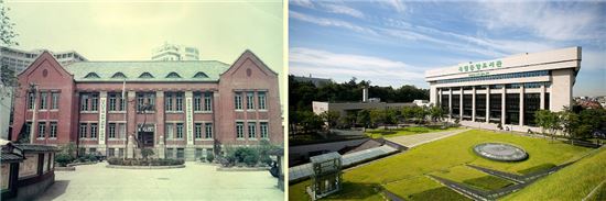 (왼쪽부터)1945년 서울 중구 소공동 지금의 롯데호텔 자리에 개관했던 당시의 국립중앙도서관과 1988년 서울 서초구 반포동으로 신축 이전해 오늘에 이르는 국립중앙도서관 모습.