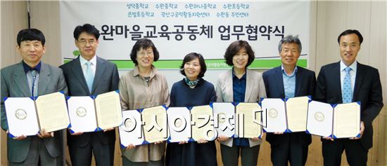 8일 성덕중학교 등 6개 학교와 광산구공익활동지원센터, 동 주민센터가 ‘수완마을교육공동체 형성을 위한 1차 업무협약식’을 가졌다. 
