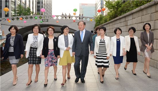 김주하(왼쪽에서 다섯번째) NH농협은행장은 지난 15일 서울 광화문 청계광장에서 수도권 지역 여성지점장(9명)들과 함께 경쟁력 강화 및 사기 진작을 위한 간담회를 개최했다.

