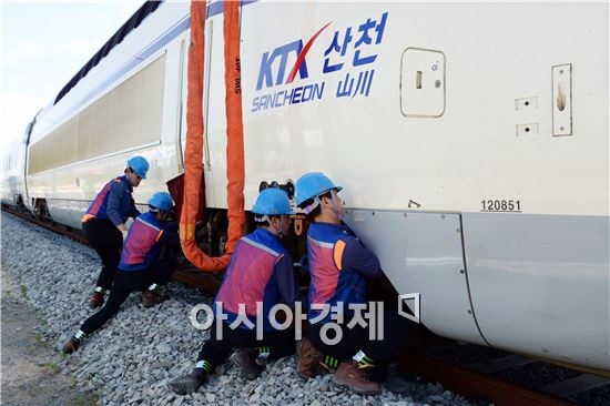 광주시 광산구(구청장 민형배)가 21일 하남동 하남차량기지센터에서 한국철도공사 등 9개 기관 300여명이 참가한 가운데 고속철도 탈선을 가정해 대형사고 현장 훈련을 실시했다. 
