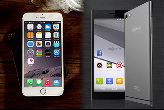 왼쪽은 애플의 아이폰, 오른쪽은 솔리드 브로드밴드의 마이폰(출처 : 폰 아레나)