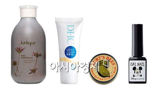(왼쪽부터)쥴리크 바디 엑스폴리에이팅 젤, DHC UR 크림, 버츠비 레몬 버터 큐티클 크림, 랩코스(LAPCOS) 젤 네일