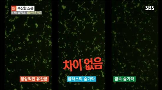 요거트에 들어있는 유산균 수는 어느 재질 수저가 닿았는지와 무관했다. 사진=SBS 방송화면 캡처