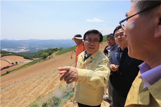 이동필 농림축산식품부 장관이 지난 11일 강원도 강릉시 왕산면 대기리 국내 최대의 고랭지 채소재배단지인 안반데기를 찾아 가뭄 피해상황을 점검하고 있다.