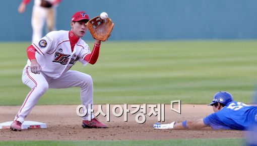[포토]도루 수비하는 KIA 강한울