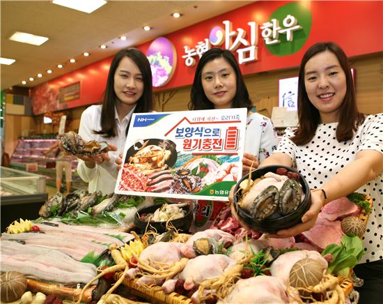 16일 서울 서초구 농협하나로클럽 양재점에서 모델들이 더위에 지친 우리가족을 위한 장어, 전복, 닭, 사골 등 보양식 재료를 선보이고 있다. 
