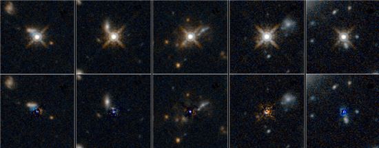 ▲퀘이사는 은하들이 합쳐지는 곳에서 아주 밝게 빛난다.[사진제공=NASA]