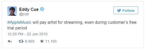 에디 큐 애플 수석 부사장은 자신의 트위터를 통해 3개월간의 애플 뮤직 무료 이용 기간 중에도 저작권료를 지불하겠다고 밝혔다.