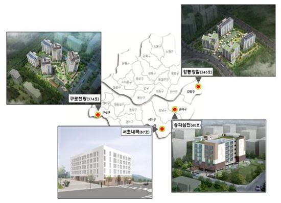 오는 10월 입주를 시작하는 송파·서초·구로·강동 4곳의 행복주택 조감도 및 위치도.