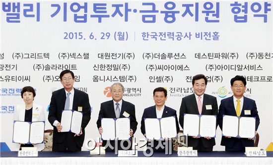 이낙연 전남지사(오른쪽 두 번째), 윤장현 광주시장(오른쪽 세 번째), 조환익 한전 사장(왼쪽 두 번째)은 29일 오후 나주시 한전에서 (주)테크프로 최영진 대표와 광주ㆍ전남공동혁신도시 산학연 클러스터 지역에 R&D 연구시설 건립을 위한 80억 원의 투자협약을 체결했다. (왼쪽부터) 한전KDN 임수경 사장, 한전 조환익 사장, (주)테크프로 최영진 대표, 윤장현 광주시장, 이낙연 도지사, 강인규 나주시장. 사진제공=전남도