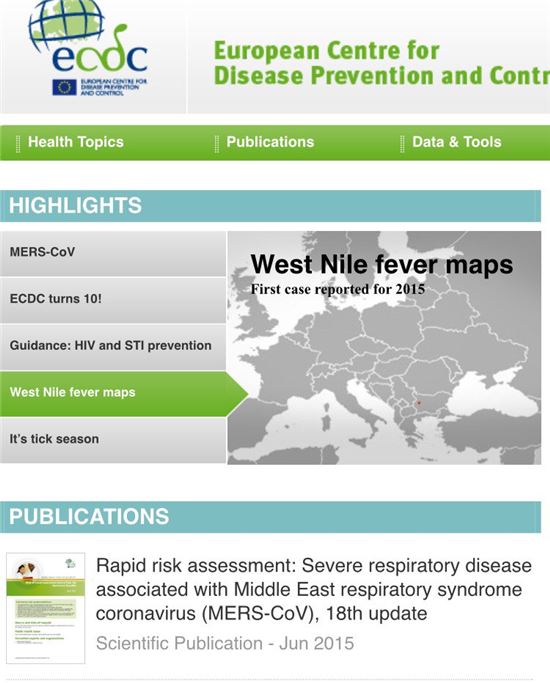1일 유럽질병통제센터 홈페이지 첫 화면에 웨스트네일 바이러스가 유럽에서 첫 확인된 지도가 표시됐다.