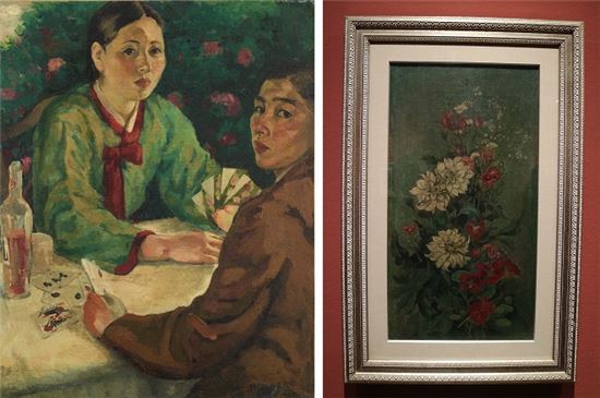 왼쪽부터 '카드놀이하는 부부'(1930년대, 캔버스에 유채, 91.2x73cm, 개인소장)과 다알리아(1940년대, 캔버스에 유채, 개인소장).