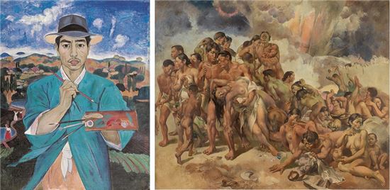 왼쪽부터 '두루마기 입은 자화상'(1940년대 후반, 캔버스에 유채, 72x60cm, 개인소장)과 '군상4'(1948년 추정, 캔버스에 유채, 177x216cm, 개인소장)