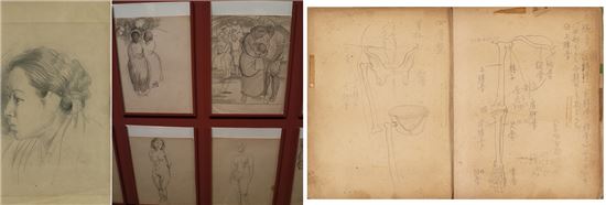 왼쪽부터 '부인을 그린 드로잉', '여인들 및 누드 드로잉', 1951년경 '미술 해부학'.