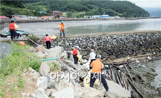 장흥군 대덕읍이장자치회(회장 김용식)는 22일 대덕읍 신리 해안가를 찾아 태풍 ‘찬홈’으로 밀려온 해양쓰레기 정화활동을 실시했다.