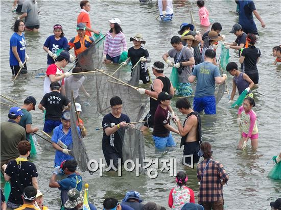 [포토]장흥 탐진강에서 온 가족이 물고기잡기 체험