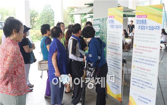 화순전남대병원을 찾은 고객들이 ‘암성 통증 극복’ 캠페인의 일환으로 열린 ‘○× 퀴즈’에 응모하고 있다.