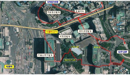 서울역고가와 서울역 주변 빌딩 연결통로 설치 후 보행로 