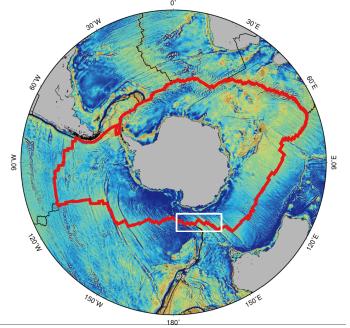 남극 대륙을 둘러싸고 있는 남극 중앙해령(붉은 선). 하얀 실선 네모 박스가 탐사지역
