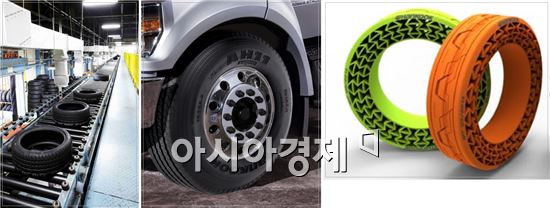 ▲맨 오른쪽 사진은 한국타이어가 개발한 공기 없이 달리는 미래형 타이어 'i Flex'. 친환경 소재인 우레탄 유니소재(UNI-Material) 로 개발됐다고 한다. 