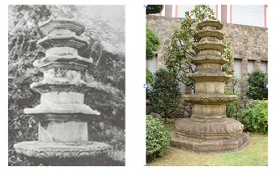 일본으로 반출되기 전 평양에 있던 율리사지 석탑(좌) 오쿠라 호텔 정원에 있는 평양 율리사지 석탑(우).
