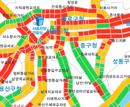 23일 오후 5시10분 현재 서울시내 주요도로가 교통대란을 겪고 있다. 빨간색 구간이 지체되고 있는 도로 (출처: 서울지방경찰청 종합교통정보센터 화면 캡쳐) 