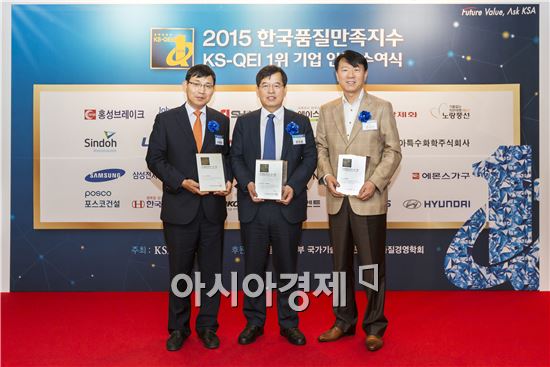 국내 최대 종합건축자재기업 KCC가 한국표준협회(KSA)에서 주관하는 2015 한국품질만족지수에서 4관왕을 차지했다.(왼쪽부터 수성, 유성도료부문 수상 이해형 이사, 실란트(실리콘)부문 수상 문정철 전무, 바닥재부문 수상 연규선 이사)